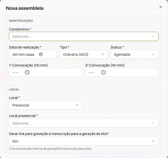 Tela de nova assembleia do Condora com condomínio, data, tipo, status e local